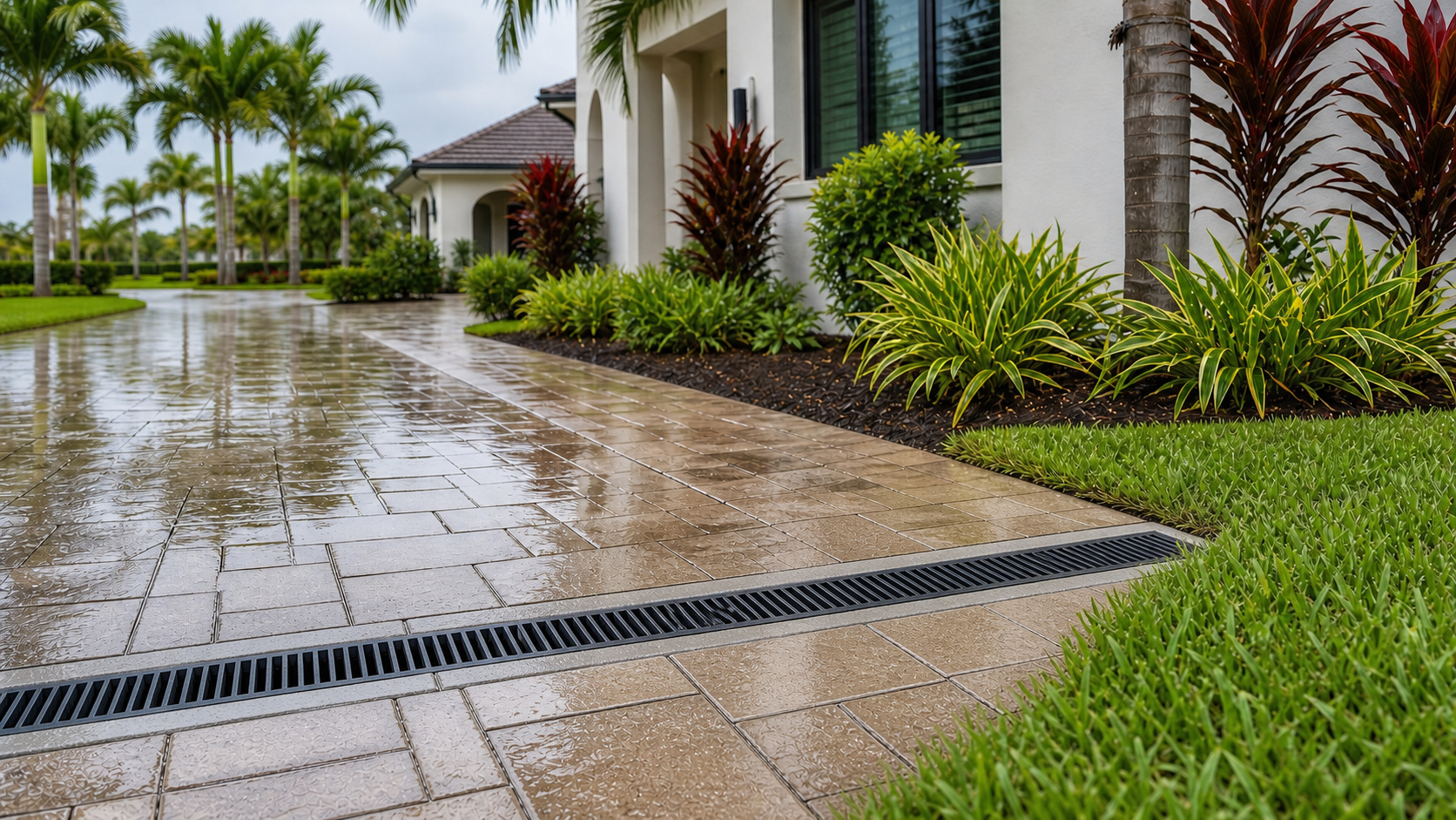 Finished channel drain set flush across a wet Cape Coral paver walkway after yard drainage installation