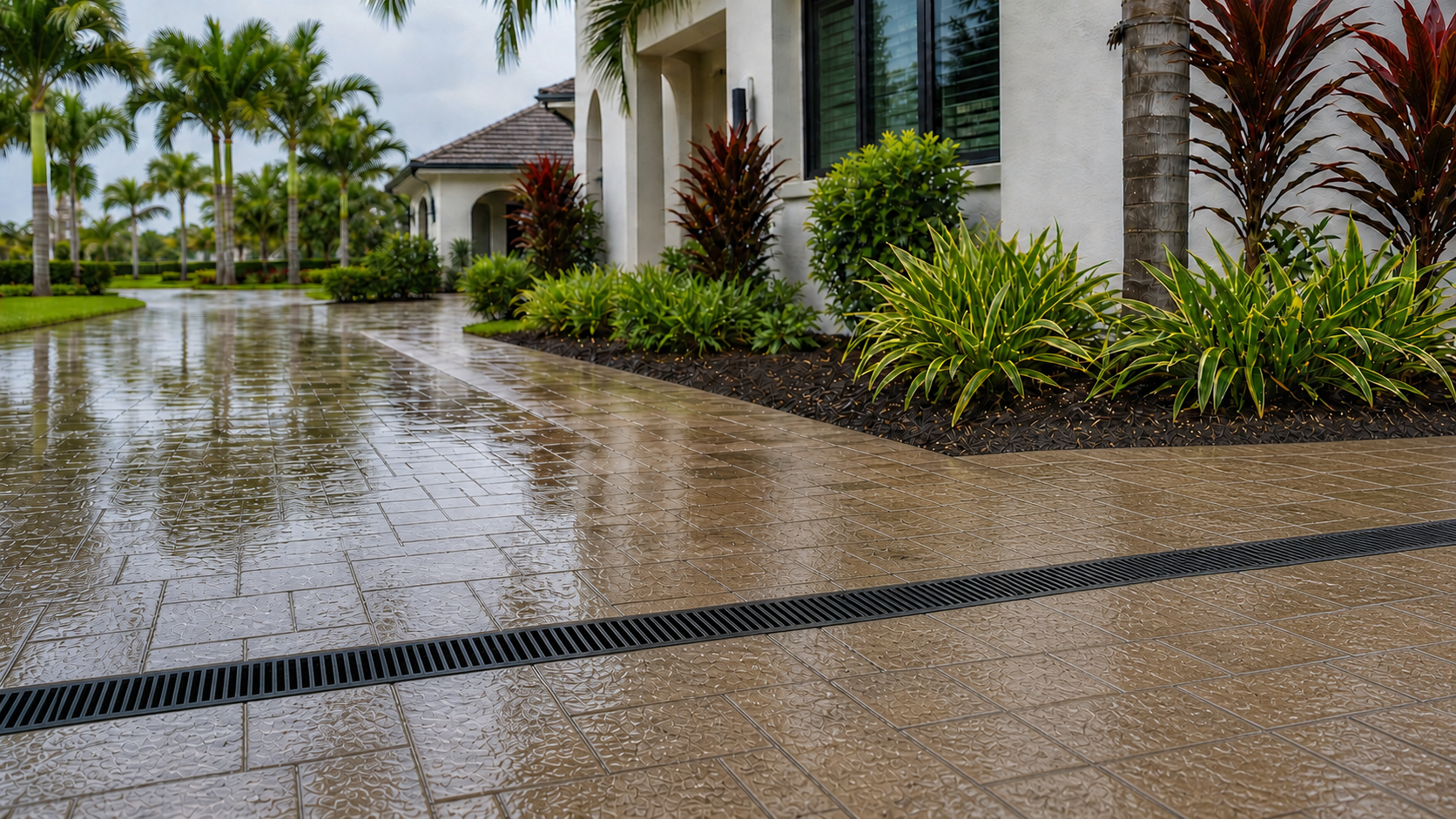 Continuous flush linear channel drain collecting runoff across wet pavers beside a Cape Coral home