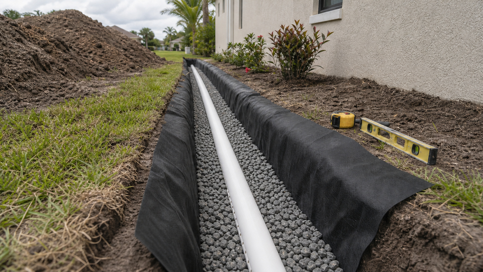 French drain trench with rigid pipe, angular drainage stone, and geotextile fabric in a Cape Coral side yard