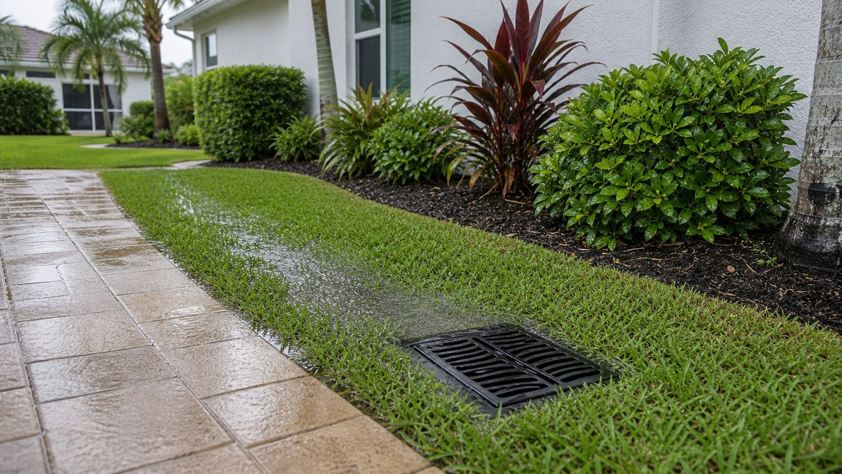 Private catch basin at a defined low point beside pavers after rain in Cape Coral
